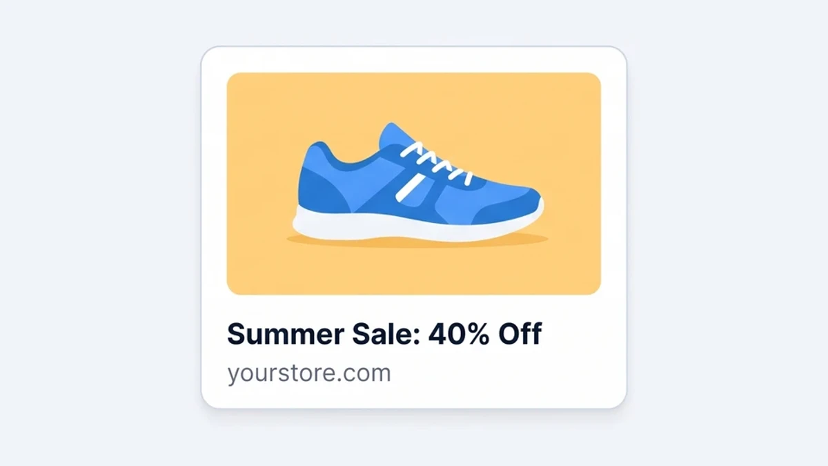 Una tarjeta de vista previa de enlace con la imagen de una zapatilla deportiva azul, el título Summer Sale: 40% Off y el dominio yourstore.com.
