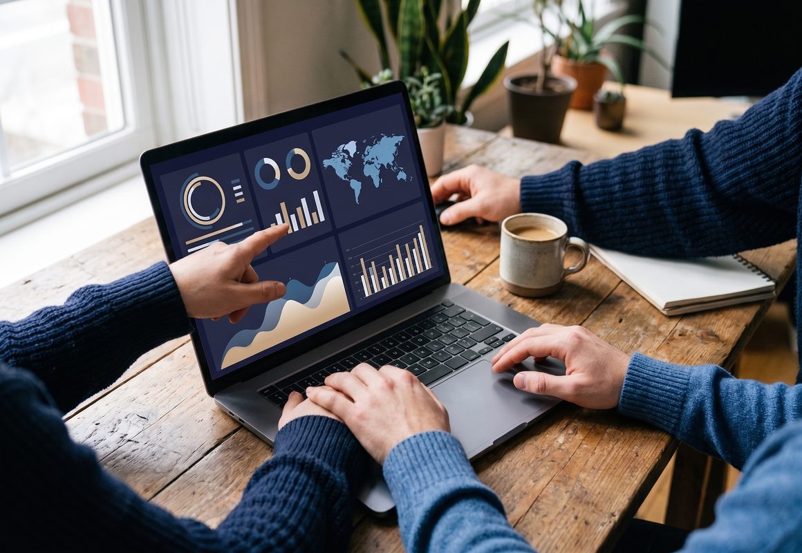 A laptop showing dashboards of charts and a world map, on a table between two people at work
