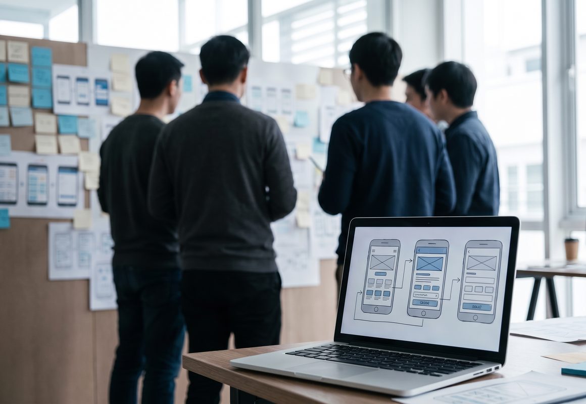 A laptop showing mobile app wireframes, with a design team behind it gathered at a wall of sticky notes and screen mock-ups