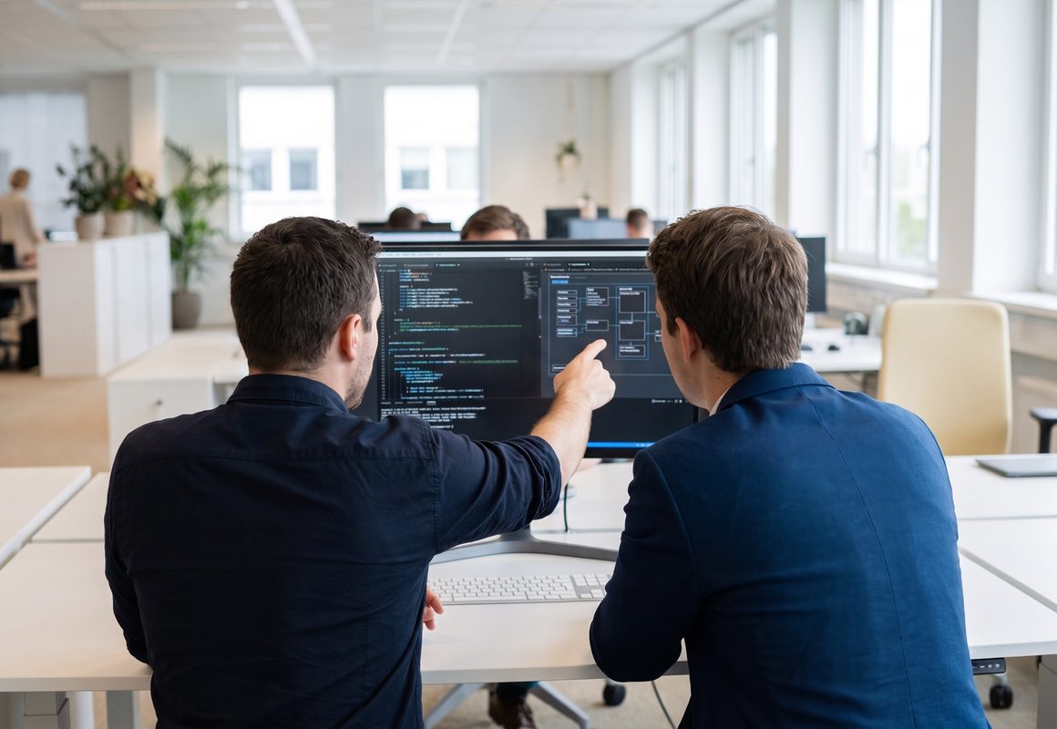 Sweent technical staff collaborating at a workstation