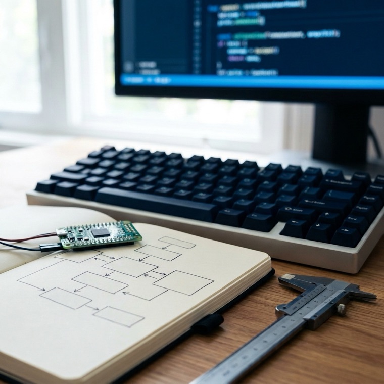 An engineer's desk: a keyboard, a circuit board, a notebook with a system diagram and calipers in front of a screen of code